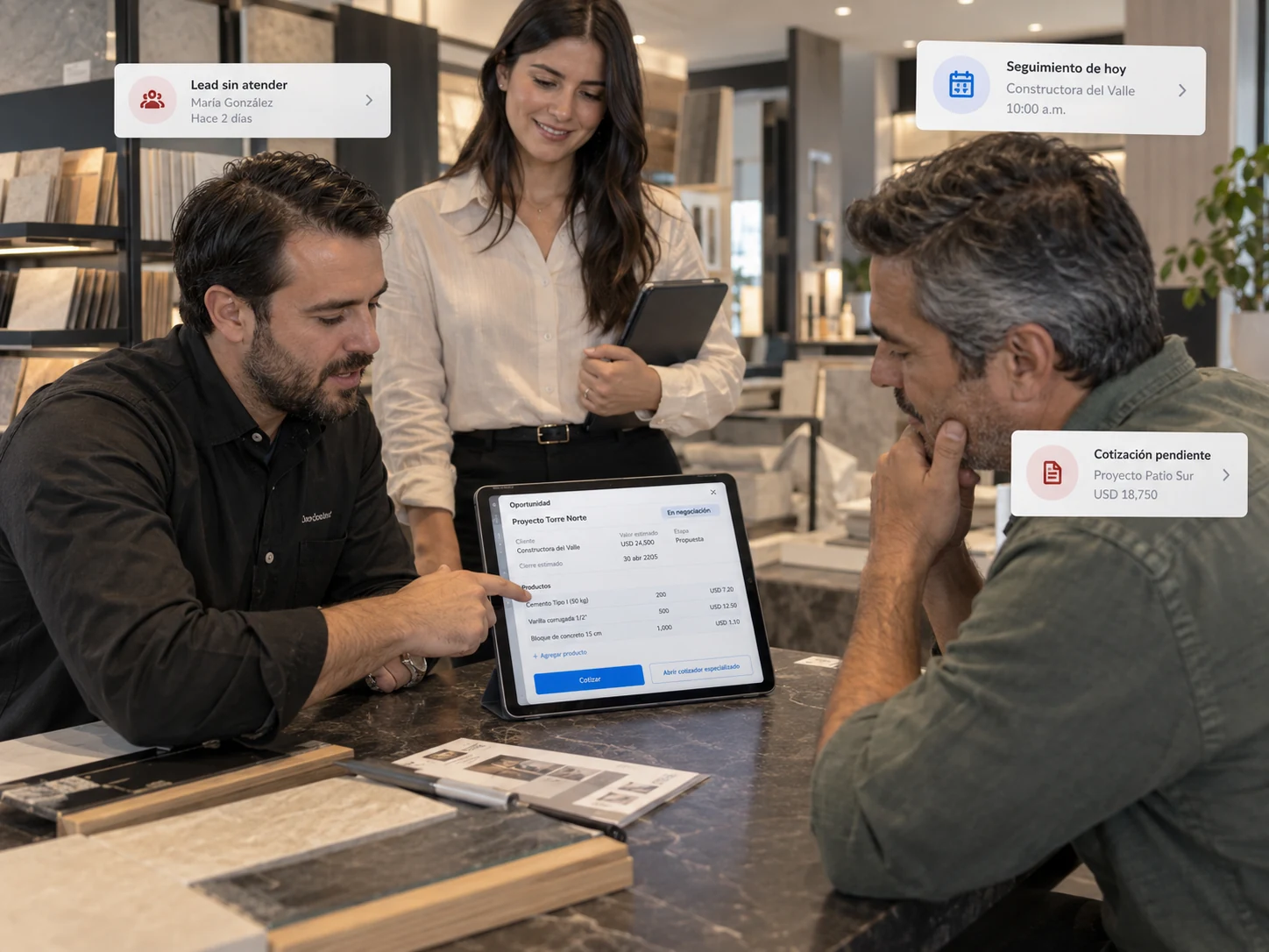 Reunión comercial en showroom con CRM conectado a cotizador especializado