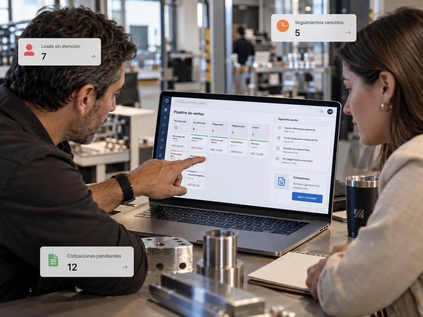 CRM de ventas en entorno industrial con leads, seguimientos y cotizaciones