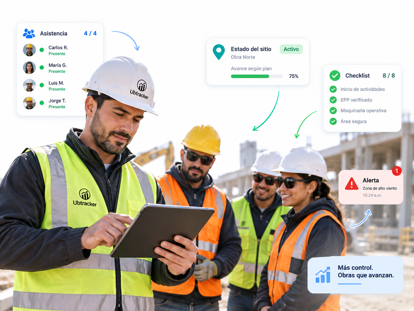Imagen promocional de control de cuadrillas con supervisor y equipo en obra.