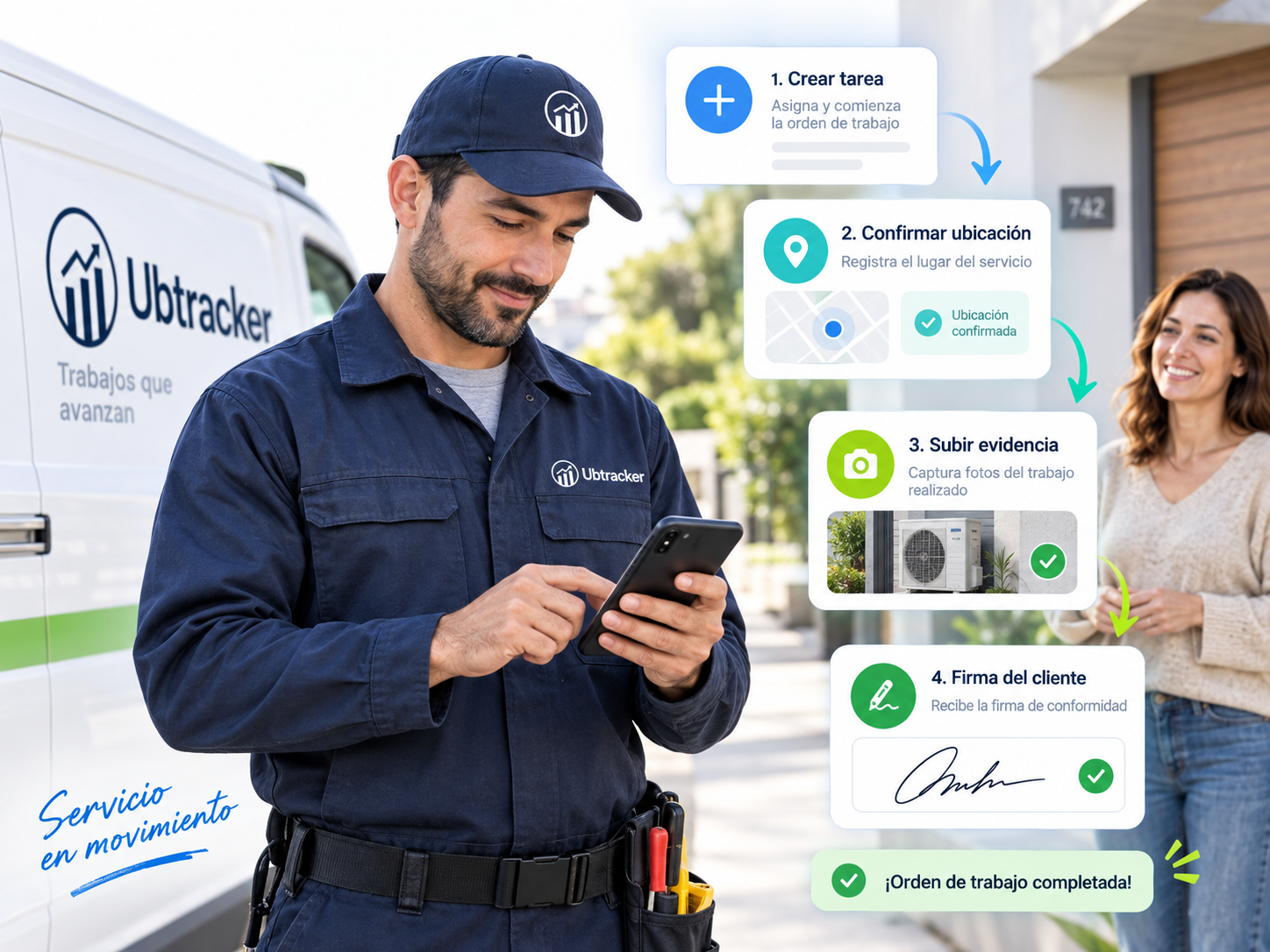 Imagen promocional de órdenes de trabajo móviles con técnico usando smartphone.