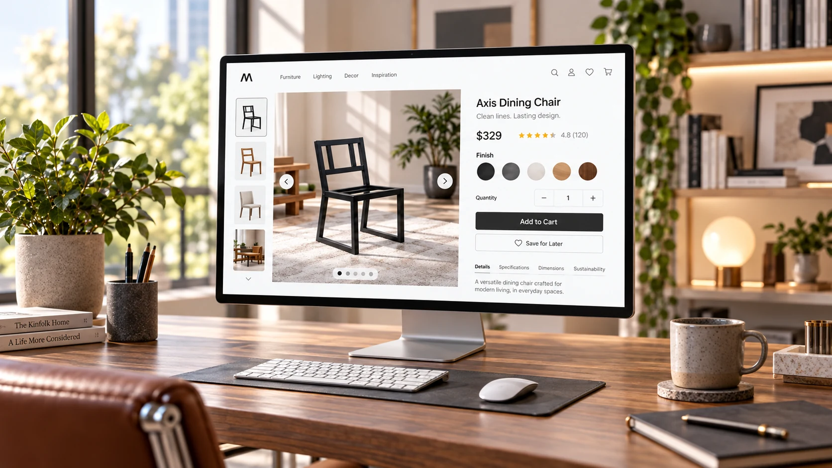 Premium online furniture catalog with one product screen in a modern interior