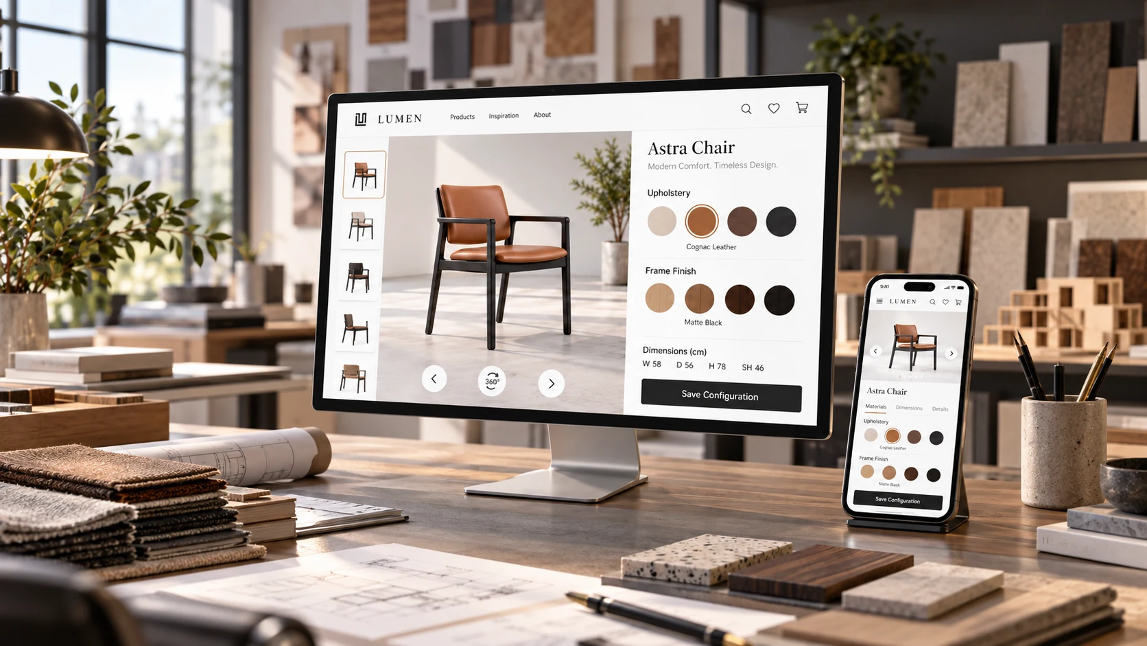 Interactive furniture configurator with model previews, materials, and finish options