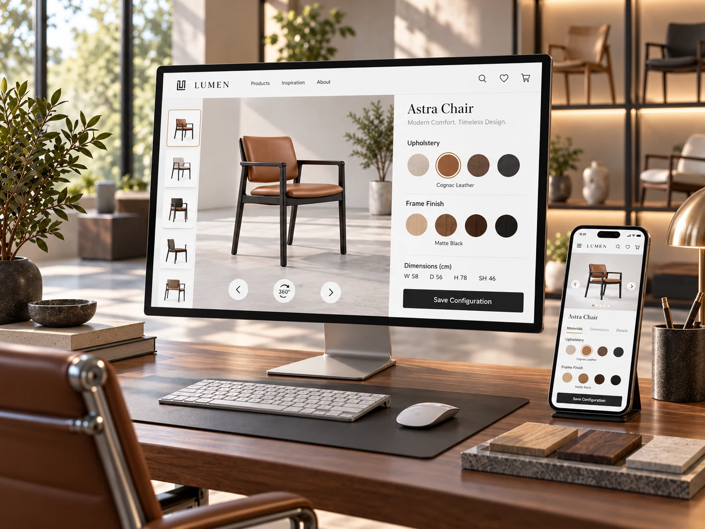 Material and upholstery selection on a furniture configurator in a design studio