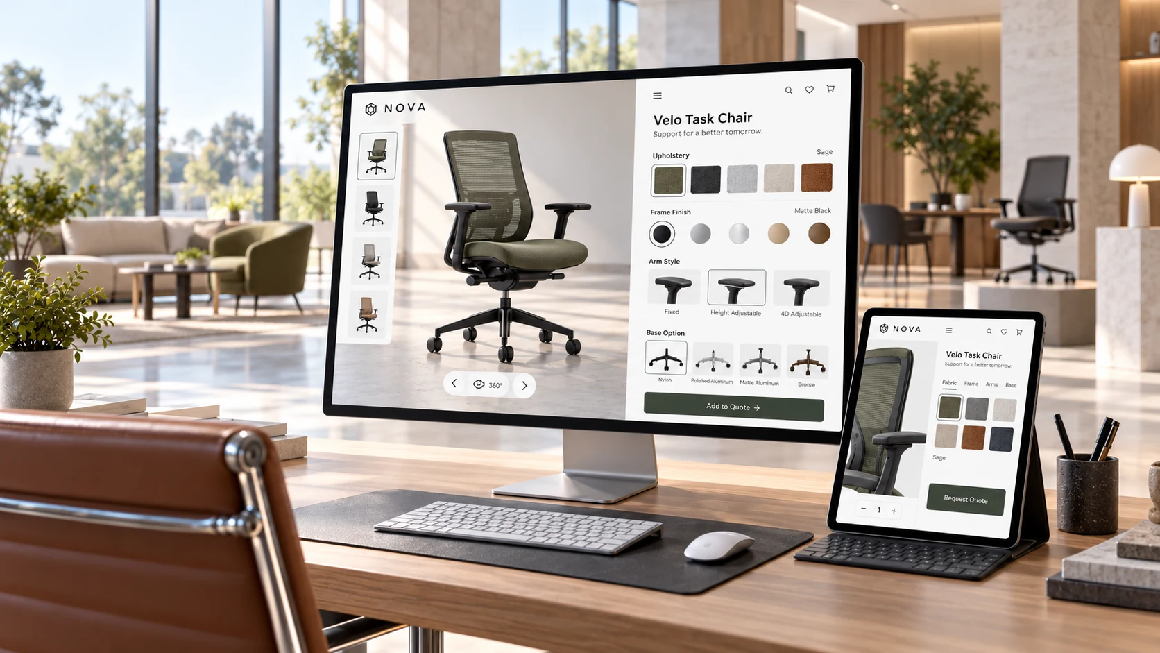 Furniture configurator in a modern showroom with product options on screens