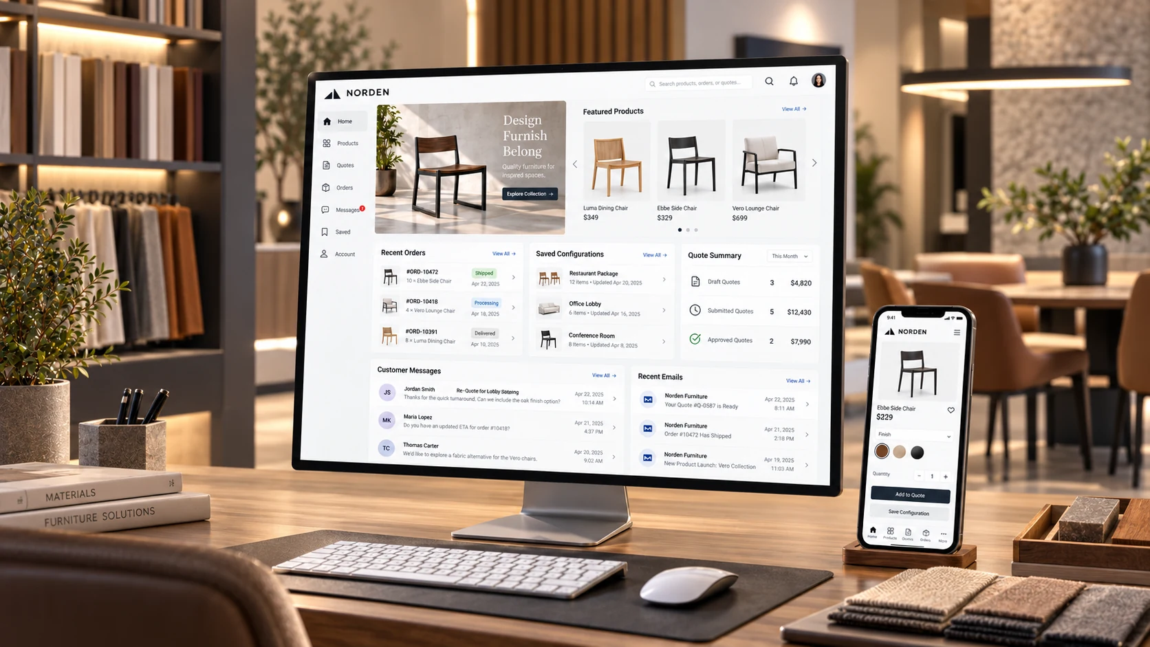 Furniture sales portal with quotes, orders, and product catalog