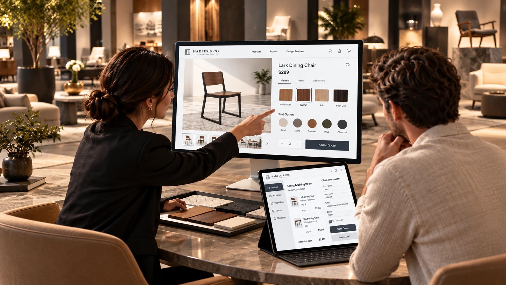Furniture showroom consultation with a customizable dining chair on a digital screen