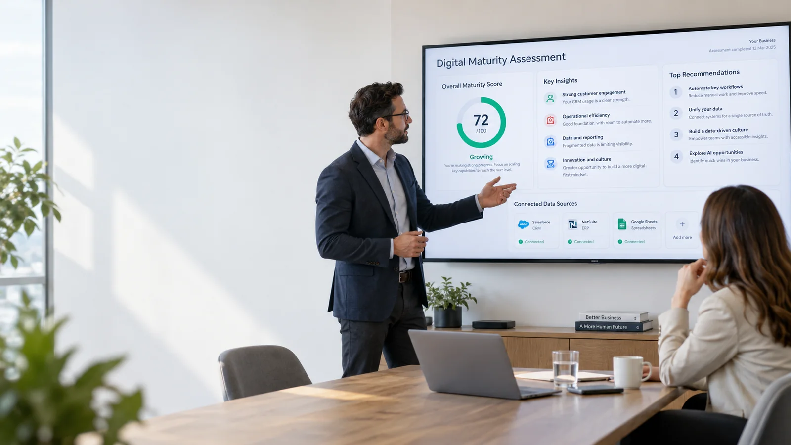 Consultor presentando un diagnóstico de madurez digital con hallazgos y recomendaciones