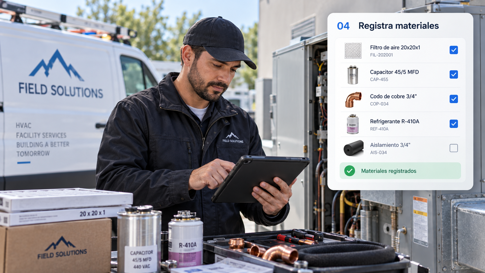 Técnico registrando materiales y refacciones desde una tablet.