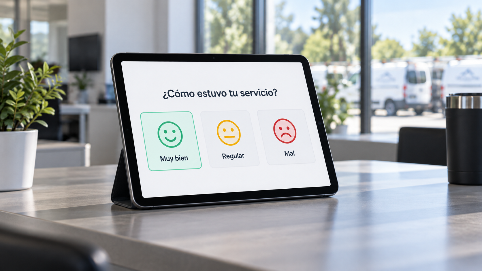 Encuesta de satisfacción en tablet al finalizar el servicio.