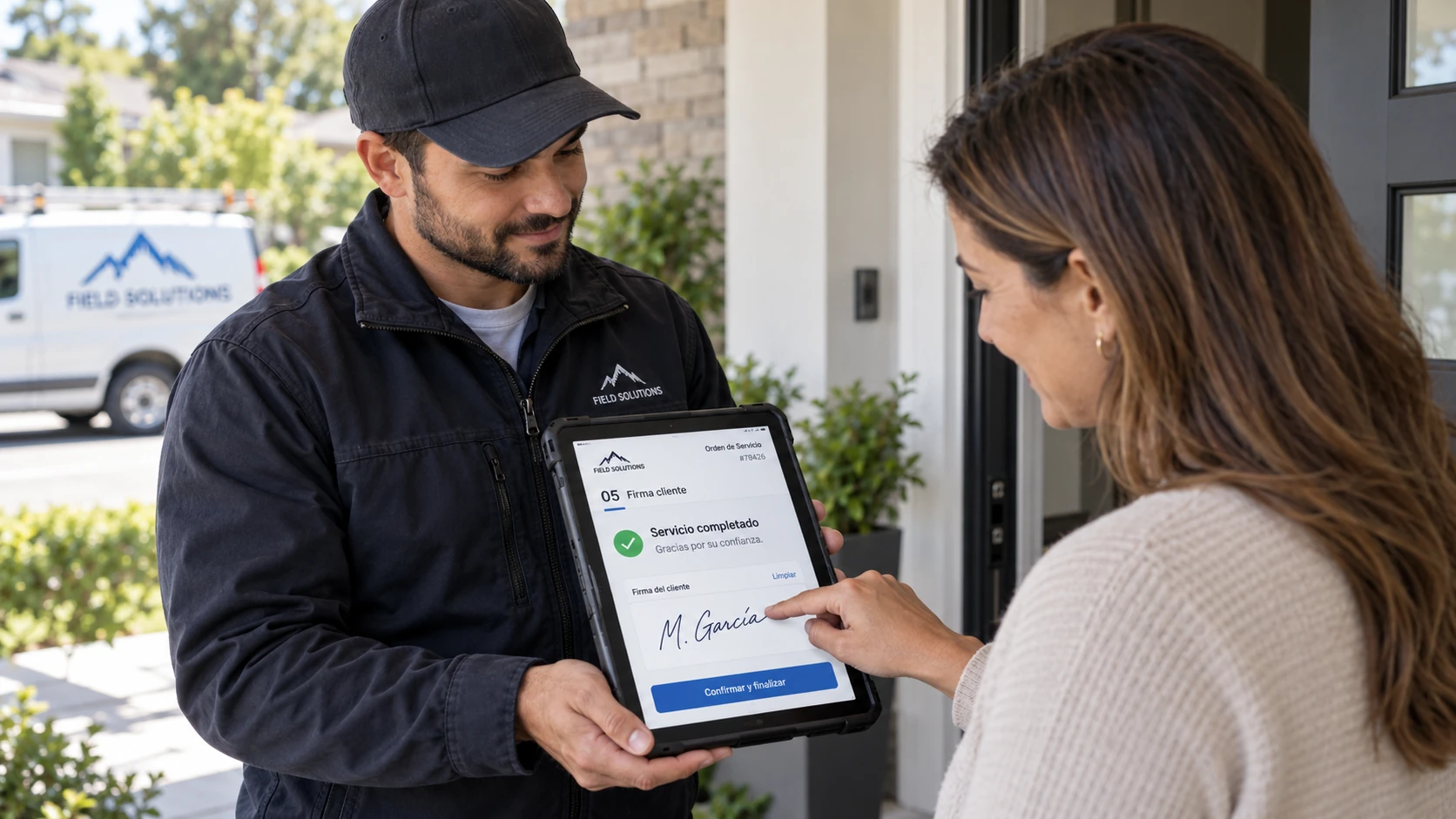 Cliente firmando con el dedo en la tablet al terminar el servicio.