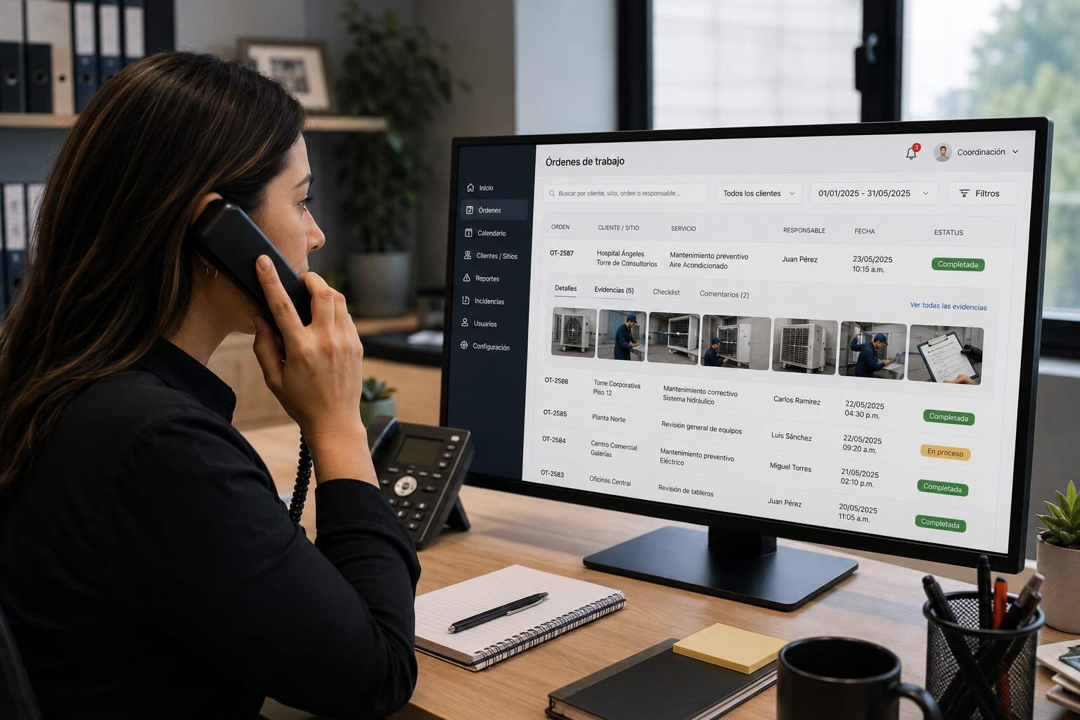 Historial de trabajos, evidencias y seguimiento operativo por cliente o ubicación