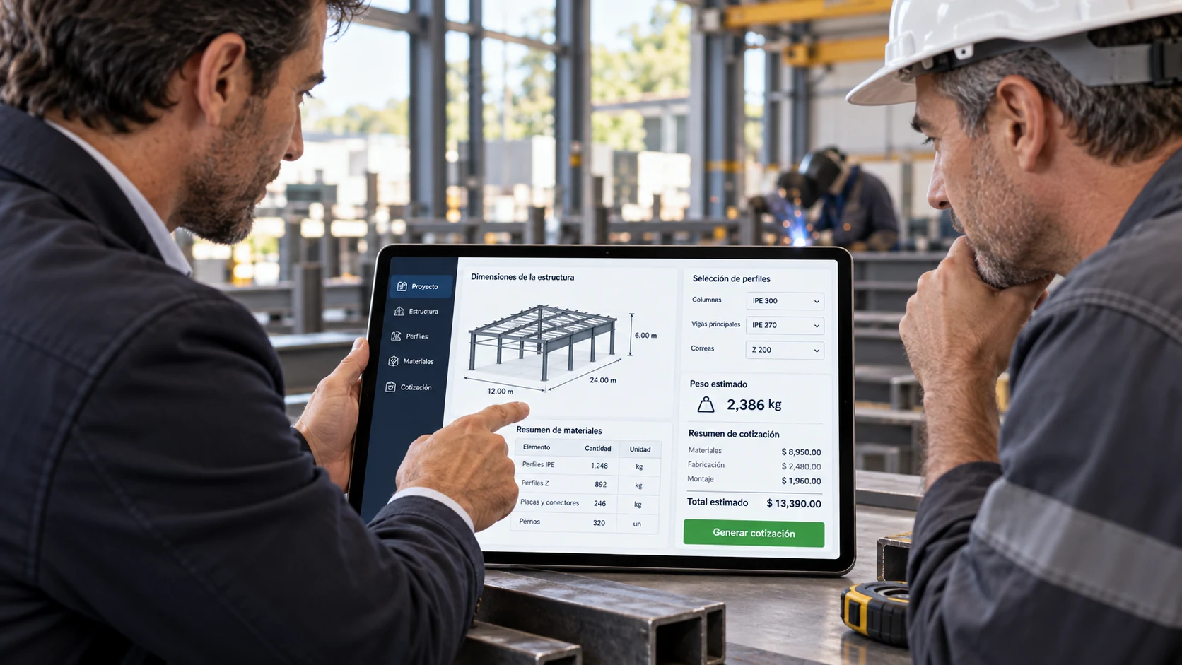 Simulador de estructura de acero con dimensiones y perfiles