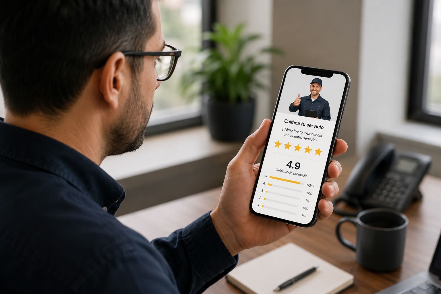 Cliente calificando el servicio técnico desde su celular